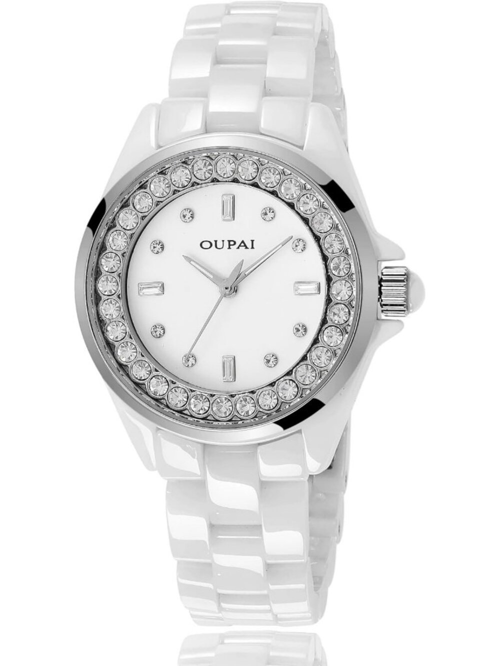 Elegant White Ceramic Women's Watch - Diamond Accents, Waterproof Quartz Dress